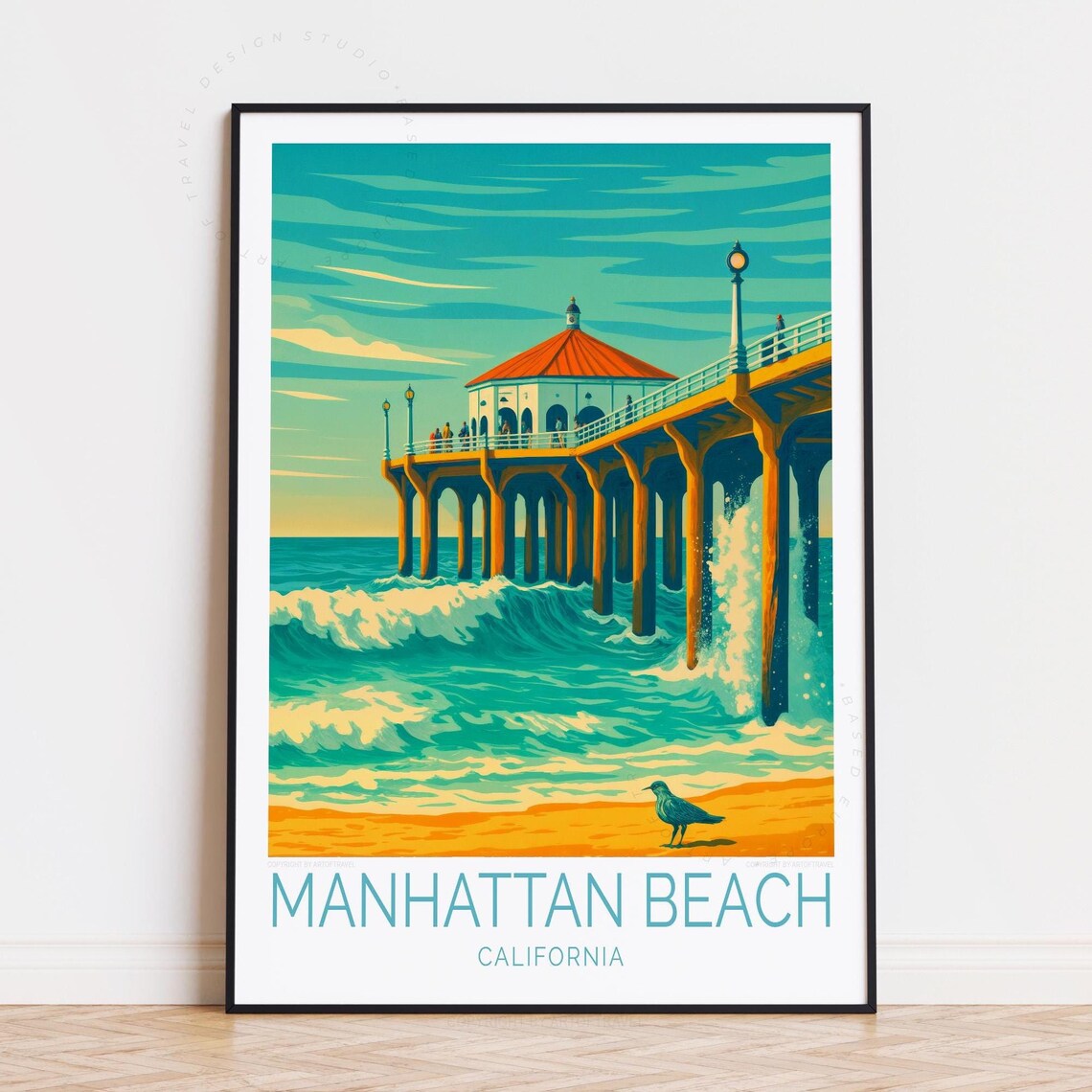 Manhattan Beach California Pier Ocean Waves Vintage Travel Poster