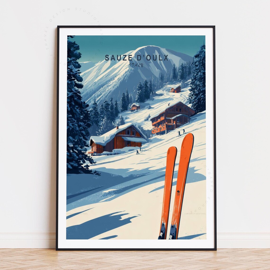 Sauze D'Oulx Italy Alpine Ski Resort Snowy Chalets Winter Poster