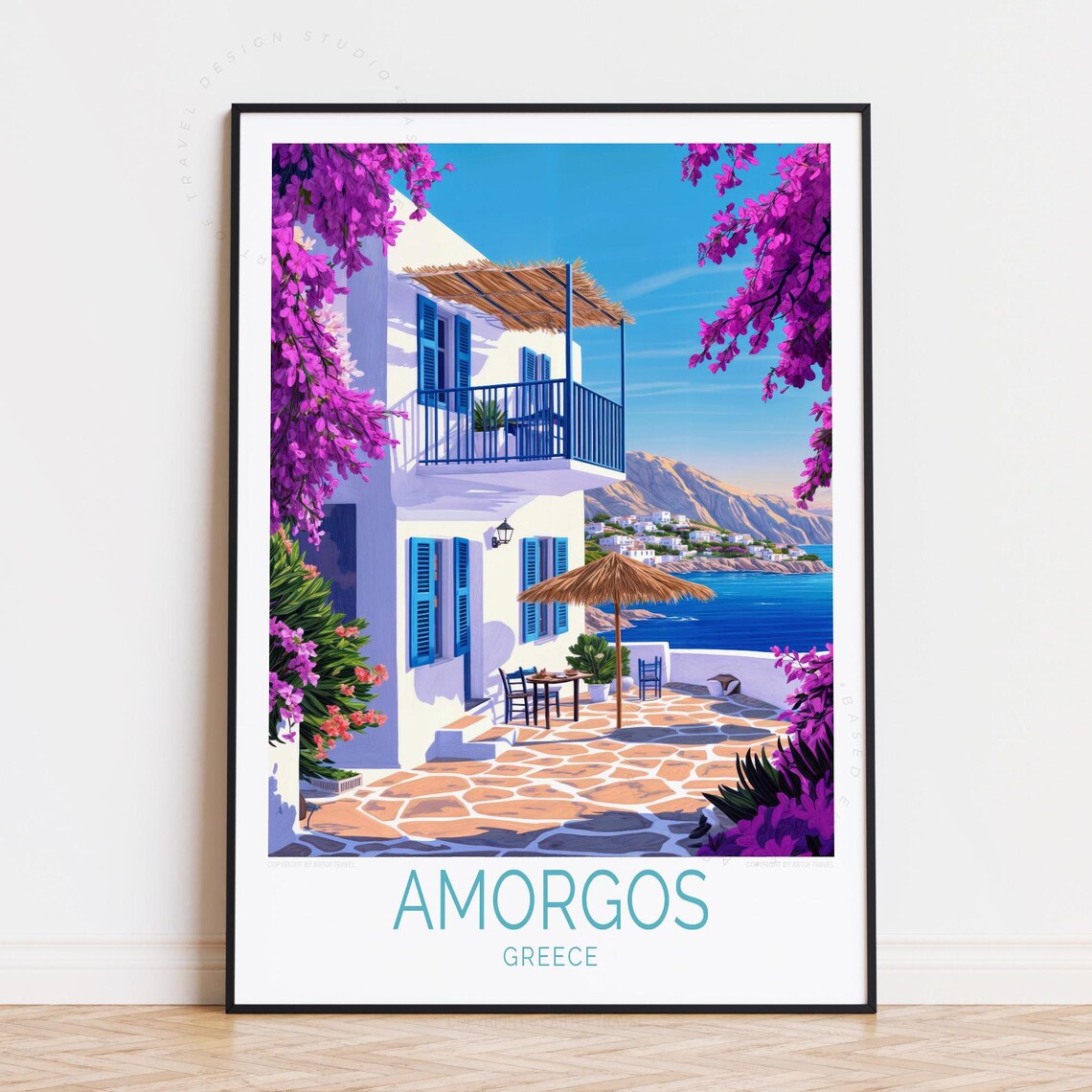 Amorgos Greece Island Villa Terrace Bougainvillea Coast Travel Poster