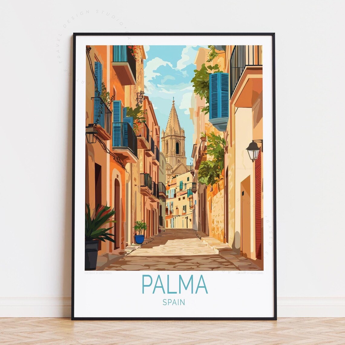 Palma Spain Sunny Old Town Street Cathedral View Travel Poster