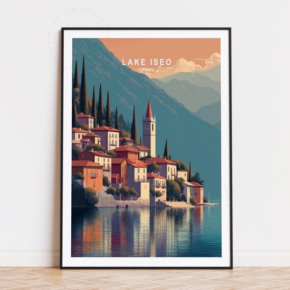 Lake Iseo Italy Mountain Lake Town Evening Retro Travel Poster