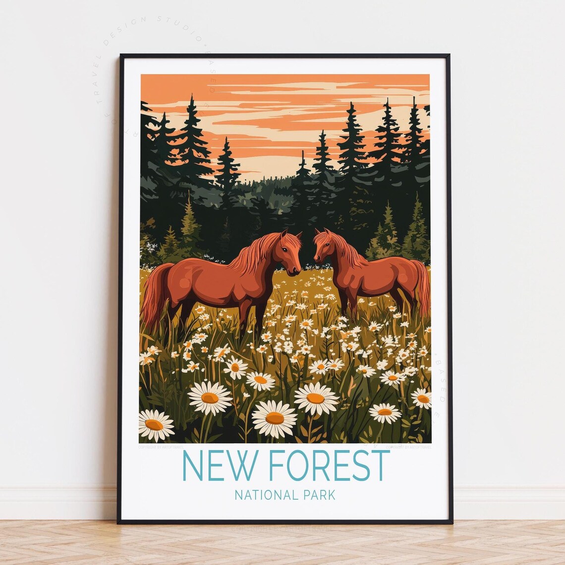 New Forest National Park Two Horses Sunset Meadow Retro Poster