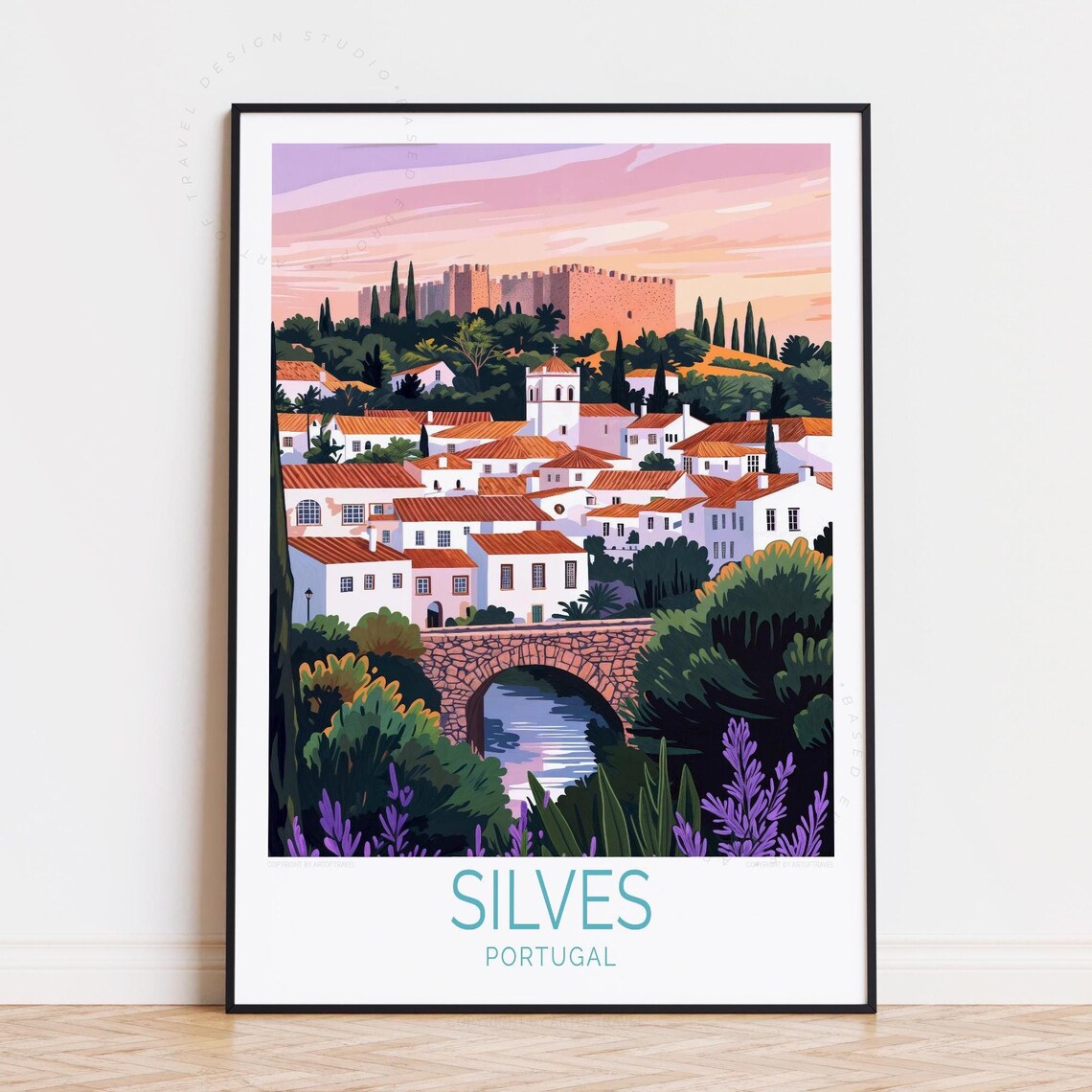 Silves Portugal Red Roofed Village and Stone Bridge Travel Poster