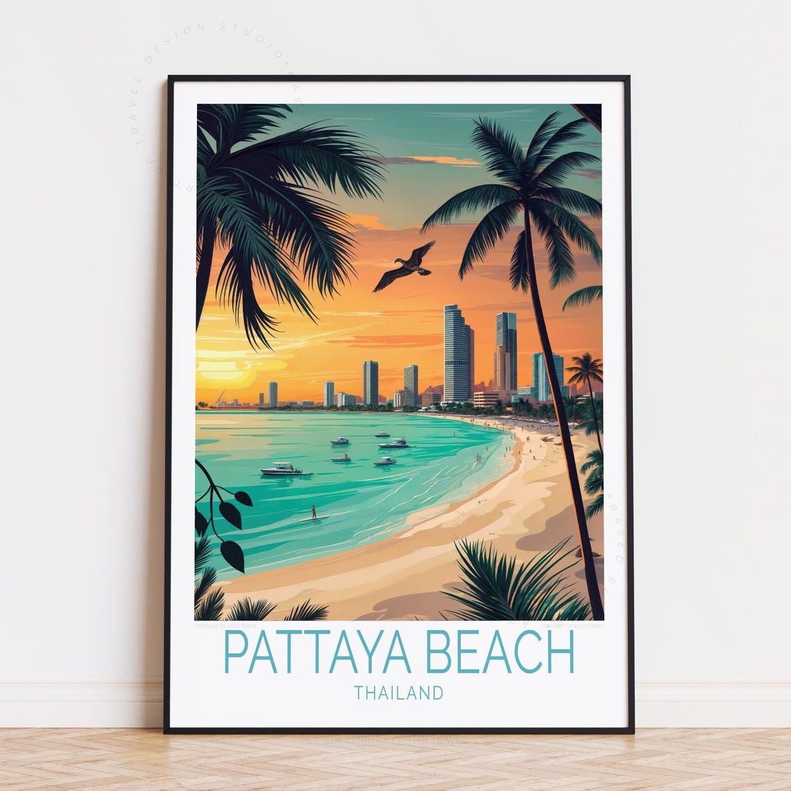 Pattaya Beach Thailand Sunset Skyline Palm Shore Travel Poster