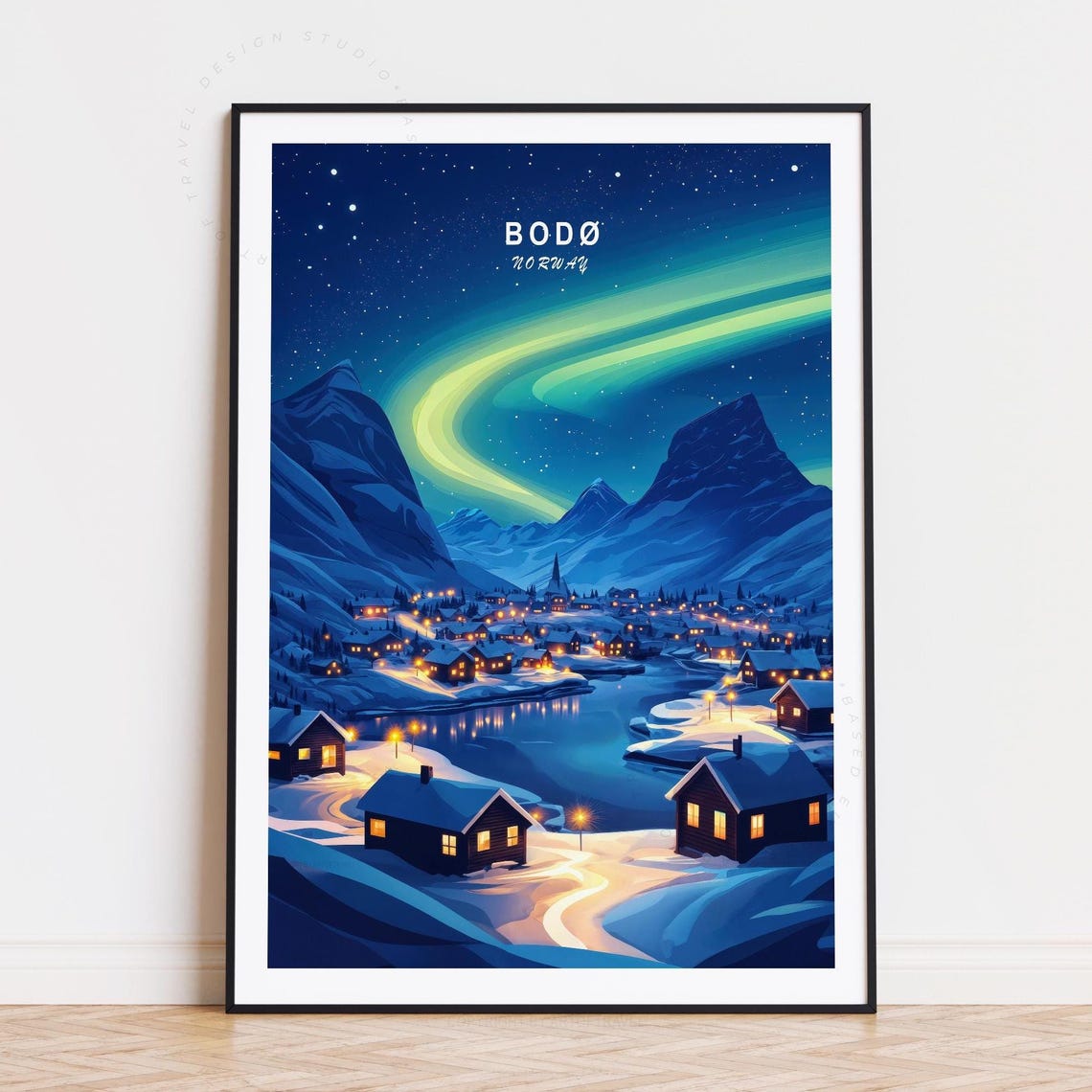 Bodø Norway Aurora Swirl Over Snowy Village and Mountains Poster