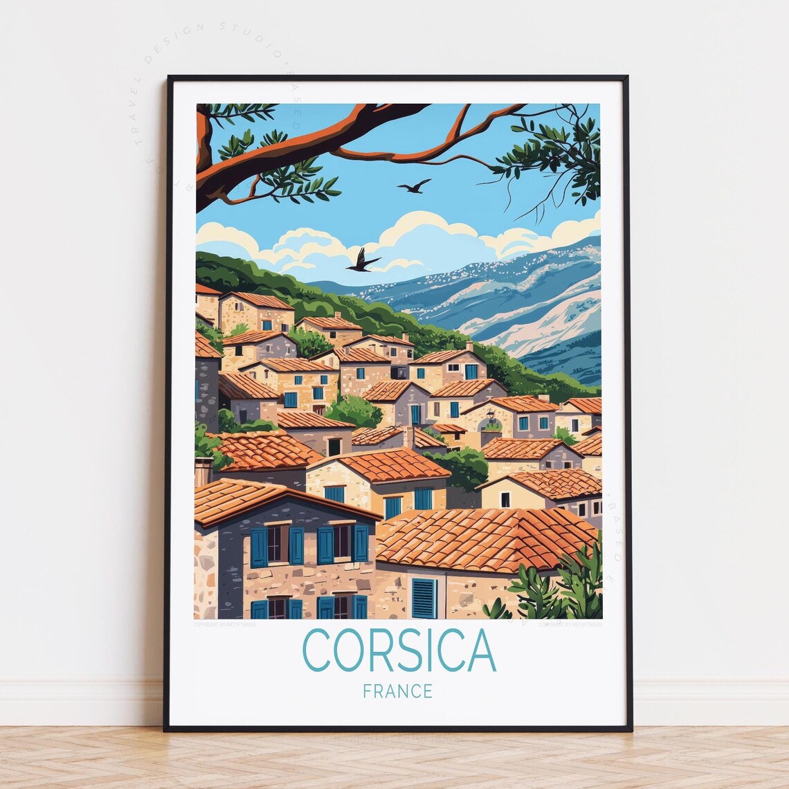 Corsica France Stone Village Terracotta Roofs Mountain Travel Poster