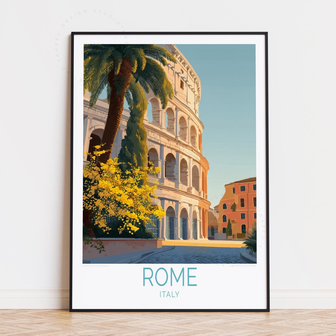Rome Italy Colosseum Palm Tree Yellow Blossoms Travel Poster