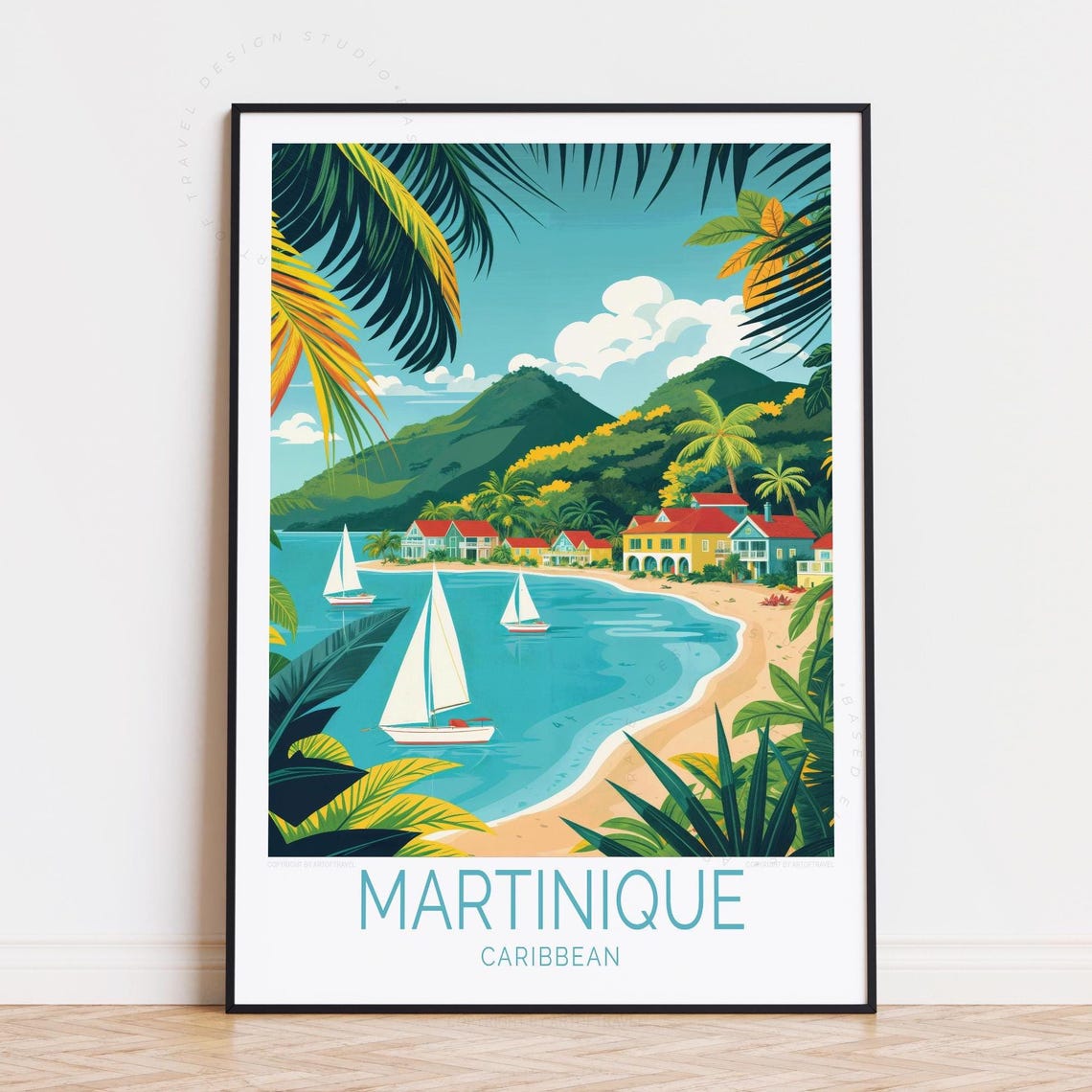 Martinique Caribbean Tropical Beach Sailboats Palm Trees Travel Poster