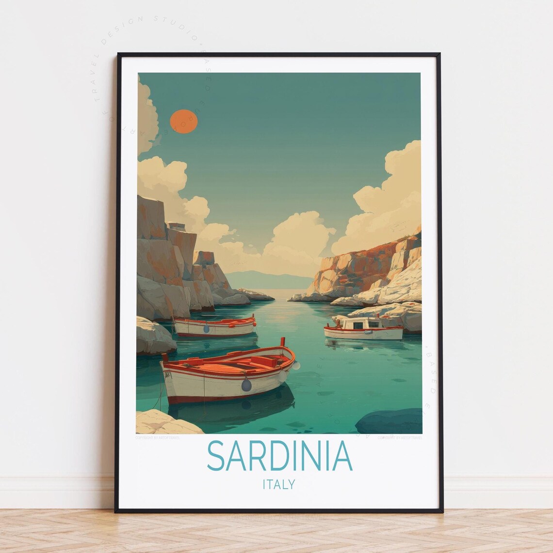 Sardinia Italy Orange Sun Turquoise Bay Fishing Boats Poster