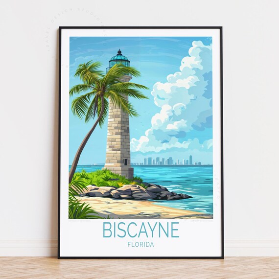Biscayne Florida Lighthouse Palm Beach Skyline Travel Poster
