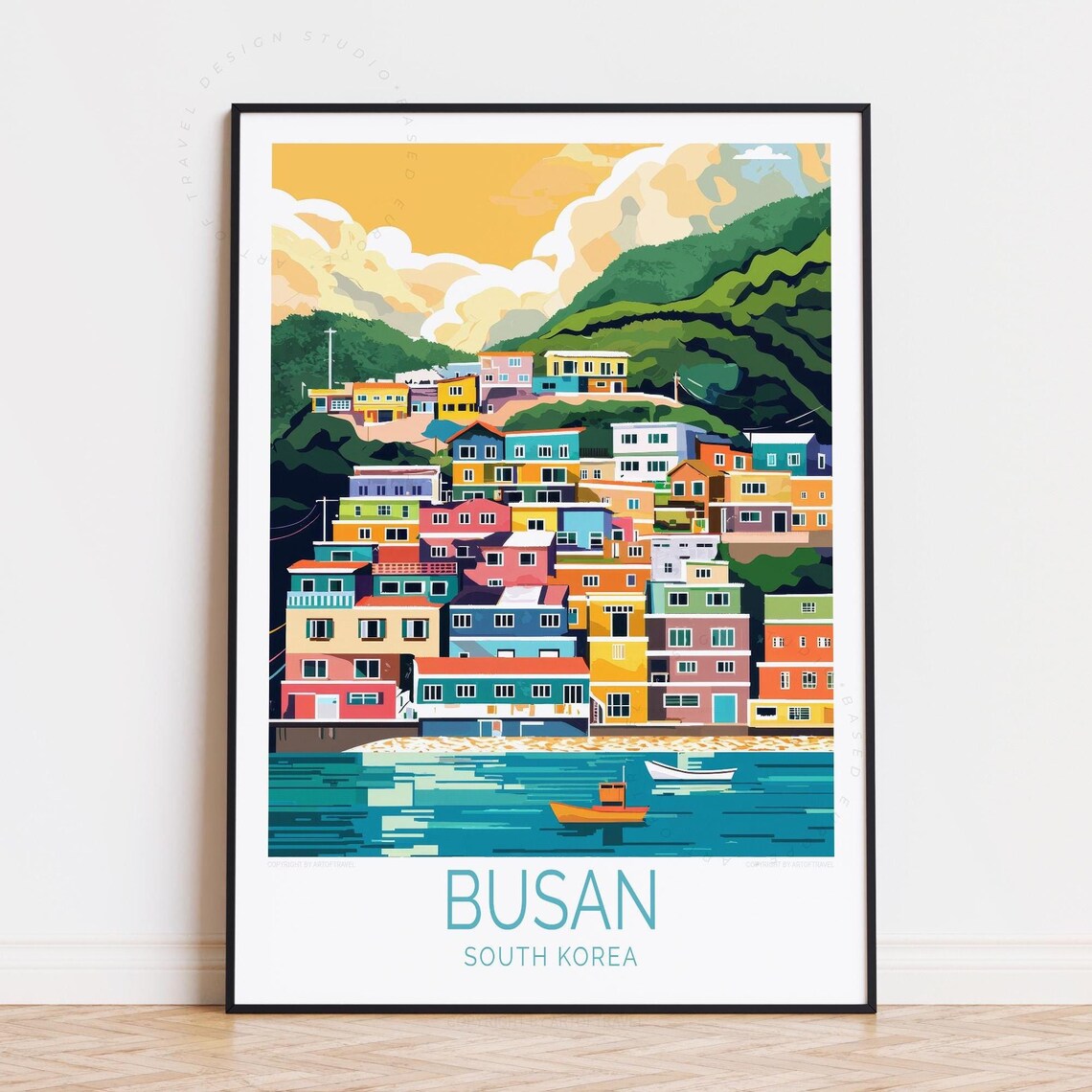 Busan South Korea Colorful Hillside Village Harbor Travel Poster