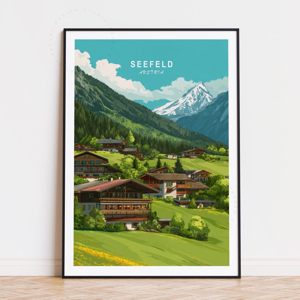 Seefeld Austria Alpine Chalets Village Green Meadow Mountain Poster