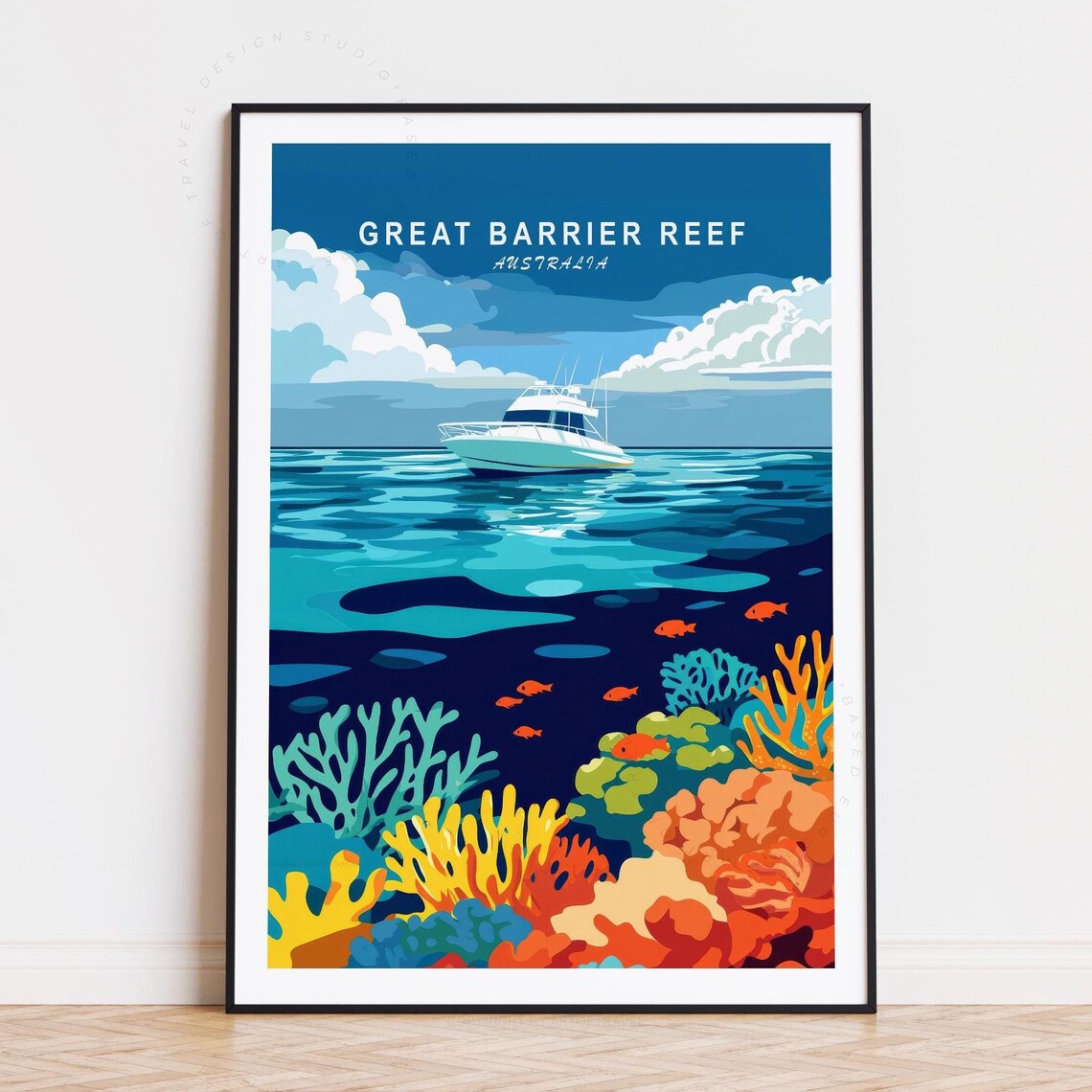 Great Barrier Reef Australia Dive Boat Coral Vintage Travel Poster