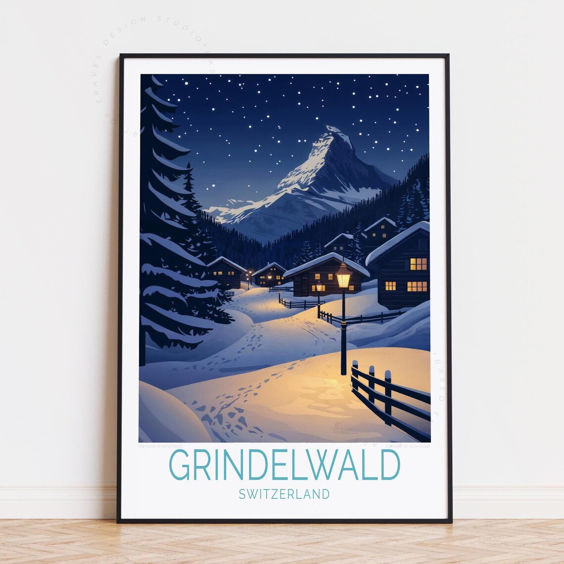 Grindelwald Switzerland Starry Night Chalet Village Winter Snow Poster
