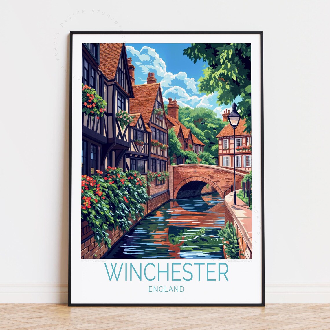 Winchester England Timber Framed Houses Canal Bridge Travel Poster