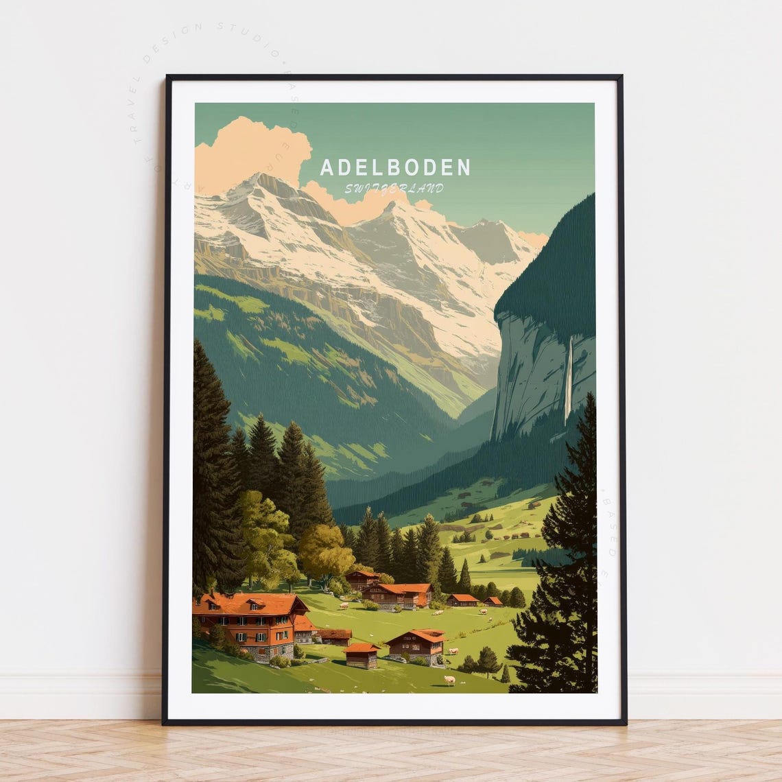 Adelboden Switzerland Alpine Chalets Valley and Waterfall Cliff Poster