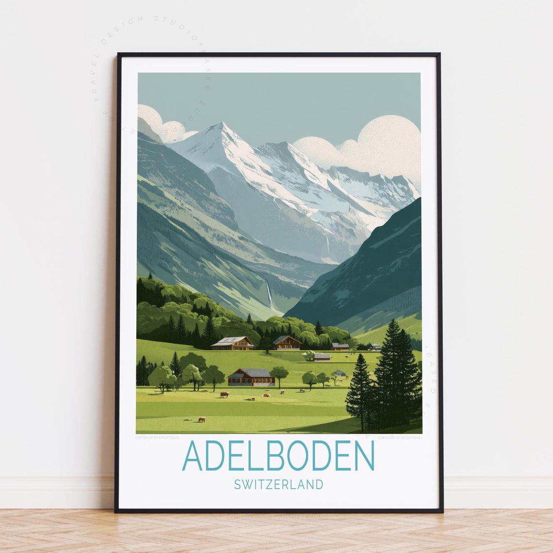 Adelboden Switzerland Alpine Valley Chalets and Snowy Peak Poster