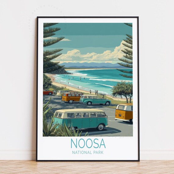 Noosa National Park Australia Surf Beach Vintage Camper Travel Poster