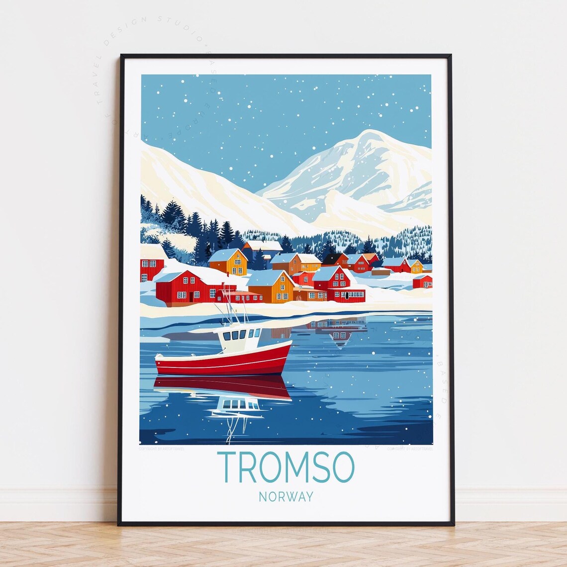 Tromso Norway Snowy Harbor Red Fishing Boat Arctic Travel Poster