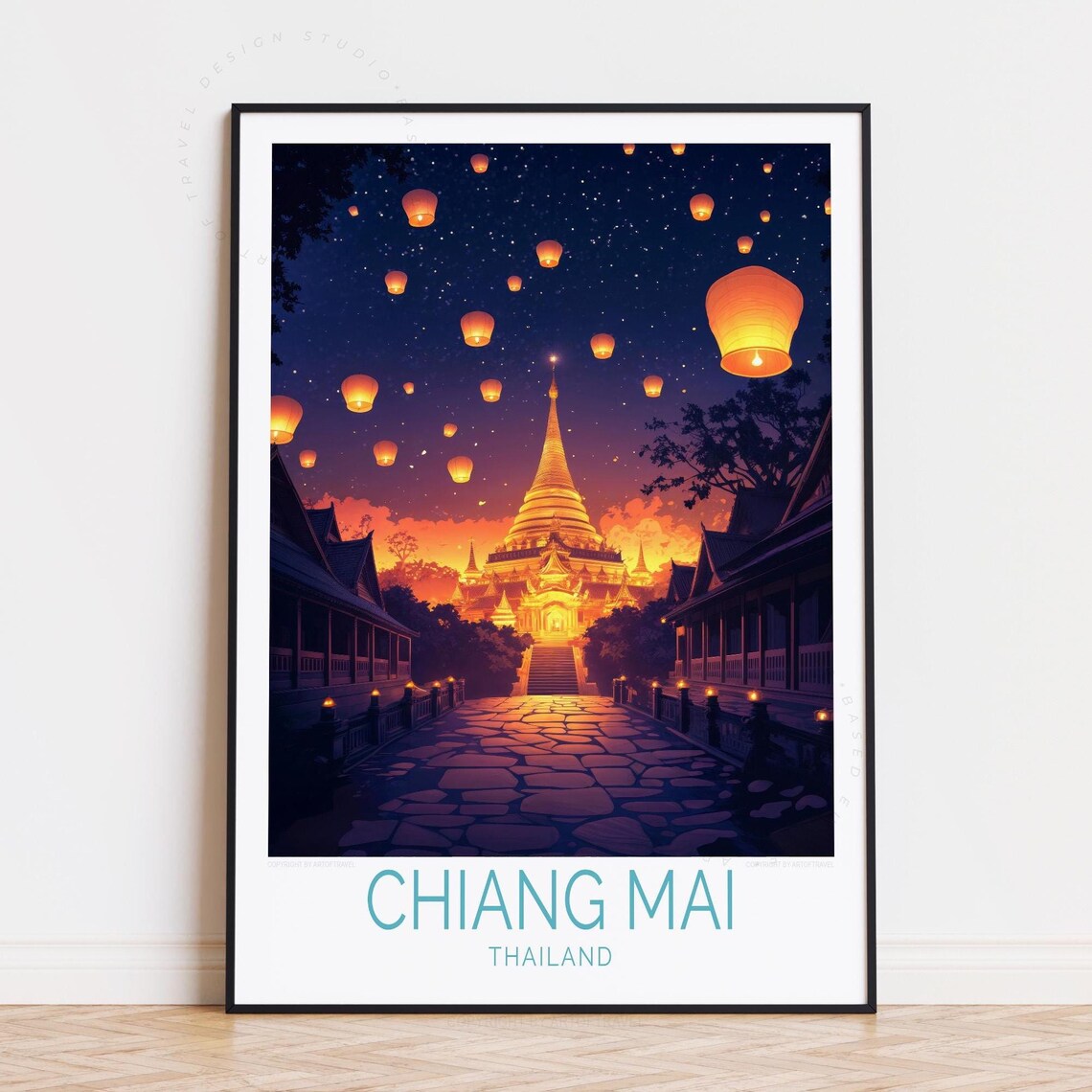 Chiang Mai Thailand Sky Lanterns Golden Temple Night Travel Poster