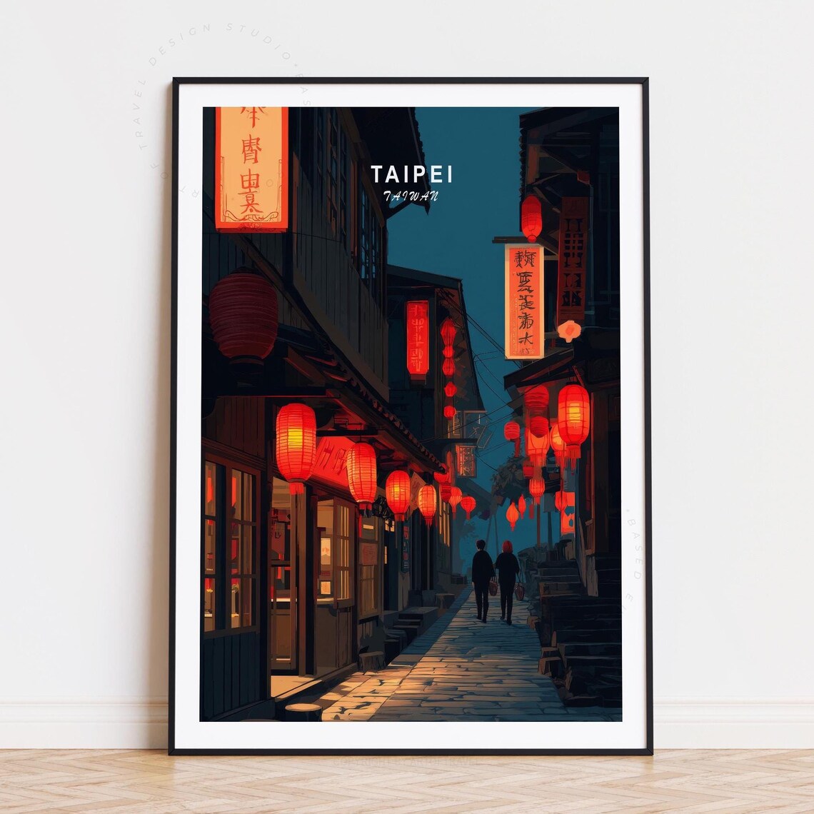 Taipei Taiwan Lantern Lit Night Alley Minimalist Travel Poster