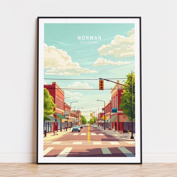 Norman Oklahoma Downtown Street Brick Buildings Small Town Travel Poster