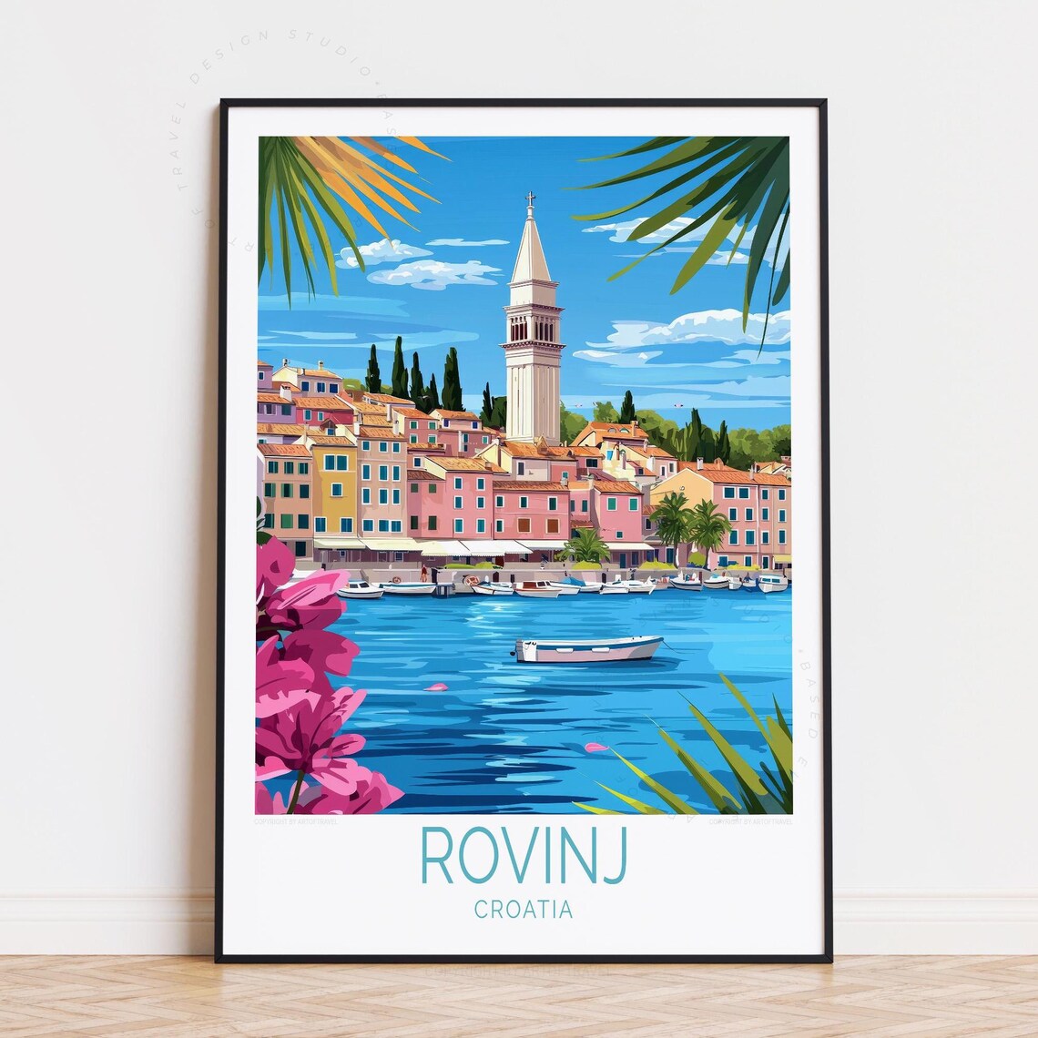 Rovinj Croatia Colorful Harbor Church Tower Coastal Travel Poster