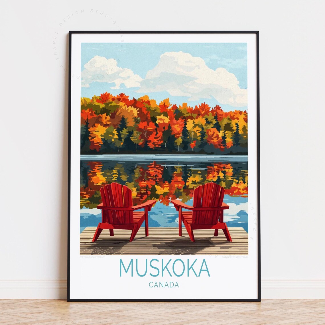 Muskoka Canada Red Chairs Dock Autumn Lake Reflection Travel Poster