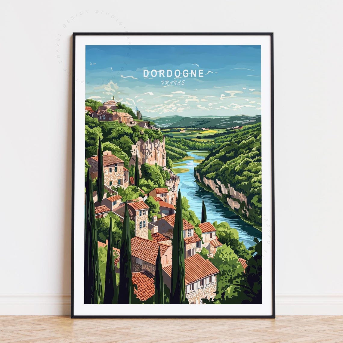 Dordogne France Cliffside Village River Valley Retro Travel Poster