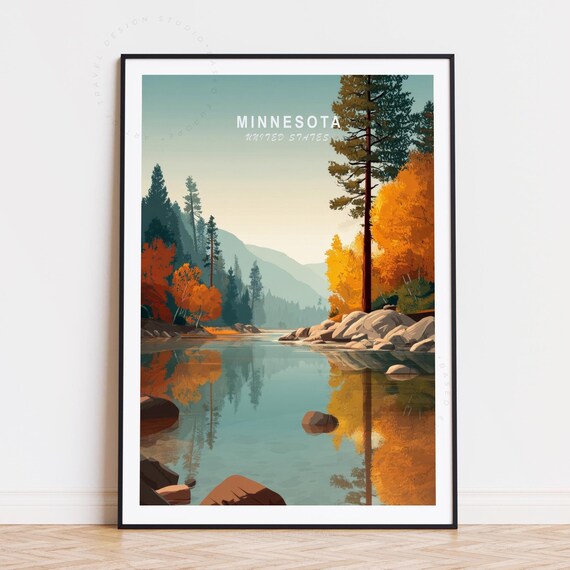 Minnesota United States Autumn Lake Pines Reflection Golden Fall Art Poster