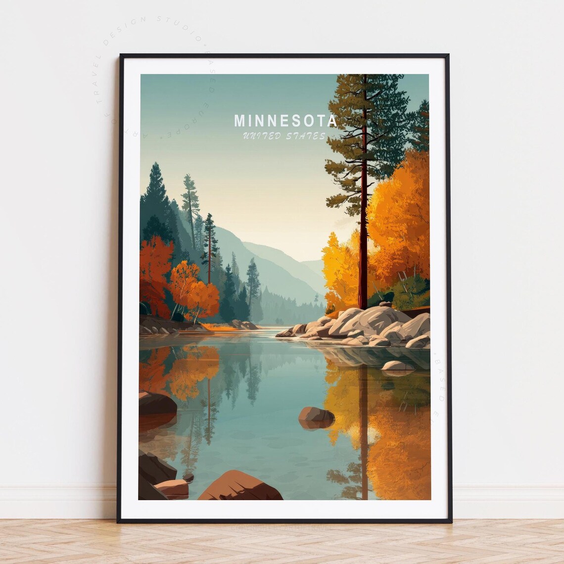 Minnesota United States Autumn Lake Pines Reflection Golden Fall Art Poster