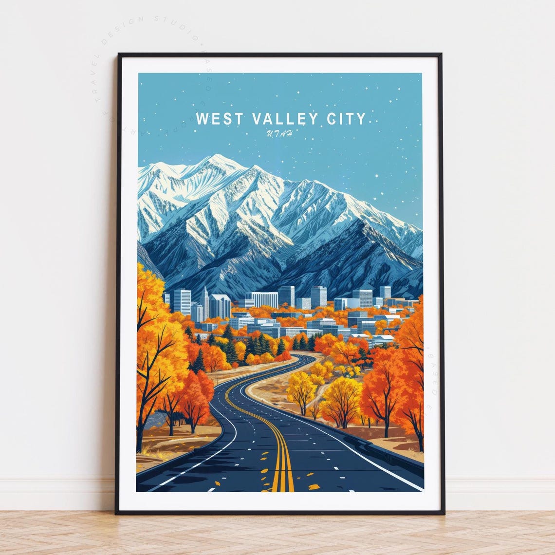 West Valley City Utah Snow Peaks and Golden Fall Trees Travel Poster