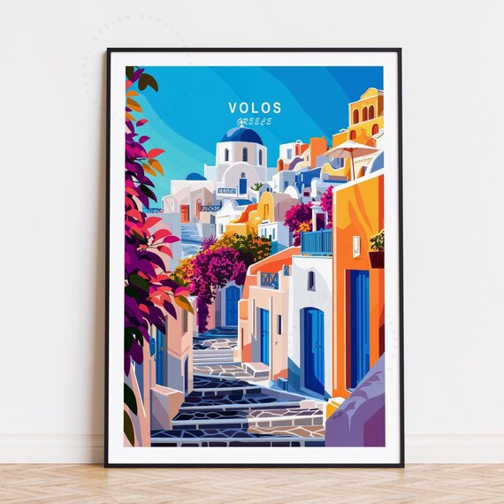Volos Greece Sunlit Street Whitewashed Houses Blue Dome Poster