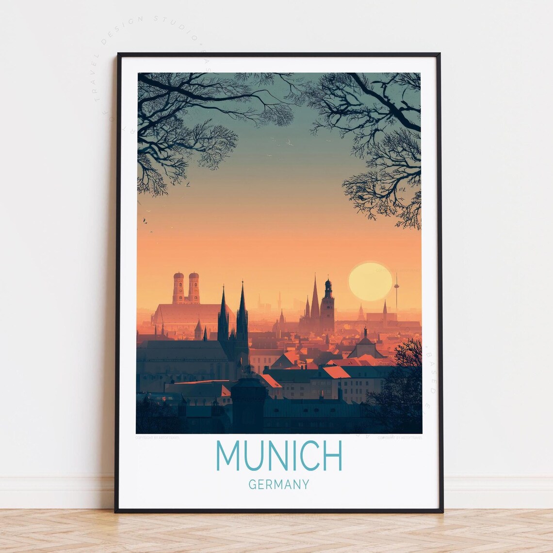 Munich Germany Sunset Skyline Church Spires Orange Glow City Poster