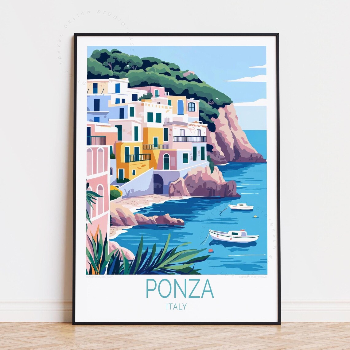 Ponza Italy Pastel Cliff Houses Over Turquoise Sea Cove Poster