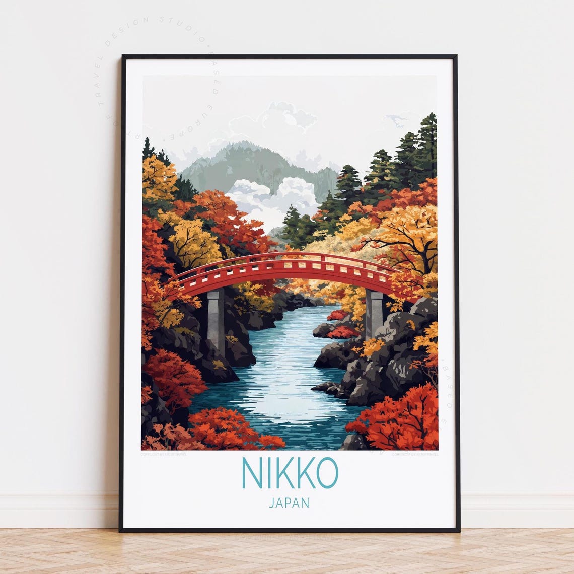 Nikko Japan Vermilion Bridge Rocky Gorge Fall Foliage River Poster