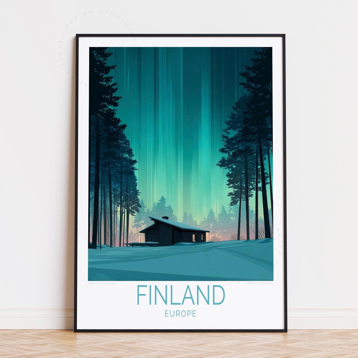Finland Europe Northern Lights Over Snowy Pine Forest Cabin Poster