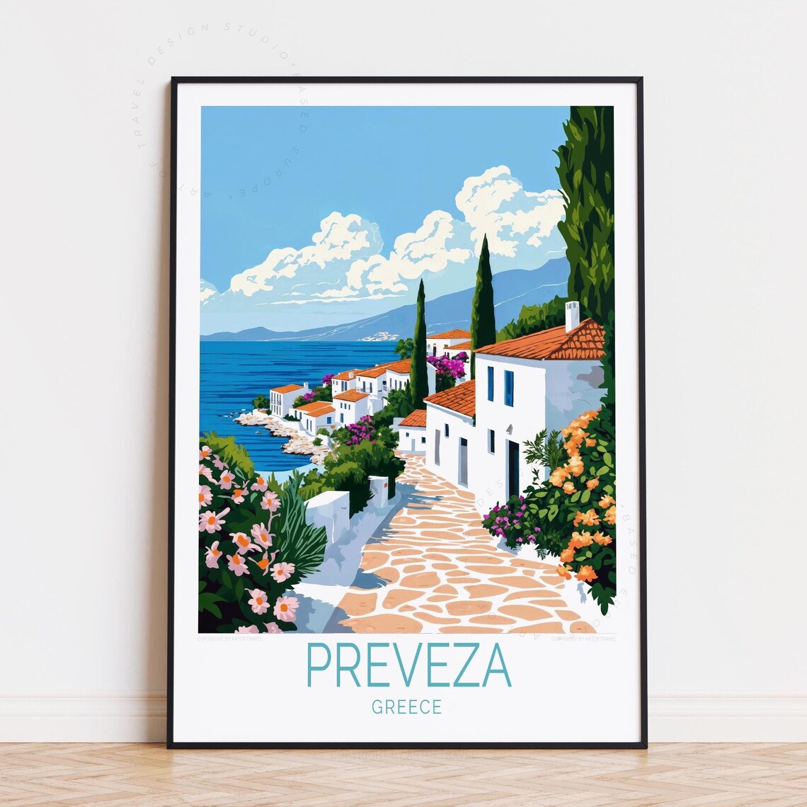 Preveza Greece White Houses Stone Lane Seaside View Travel Poster