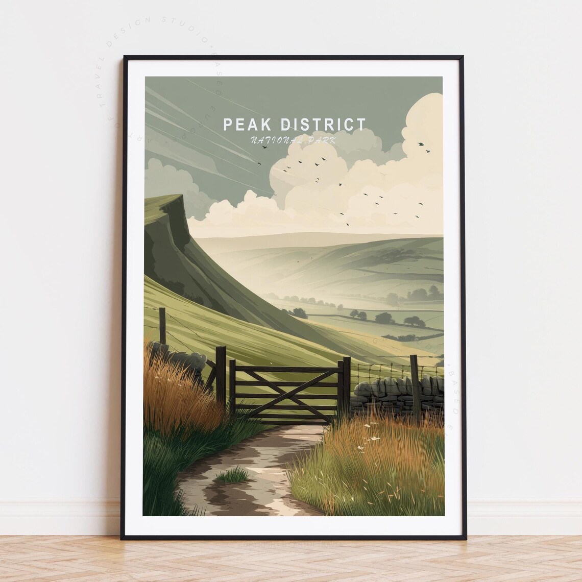 Peak District National Park with Green Hills and Gate Scene Poster