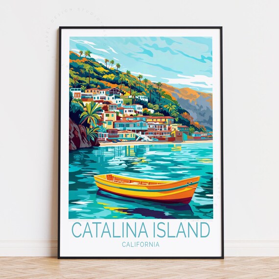 Catalina Island California Colorful Coastal Town Harbor Boat Travel Poster