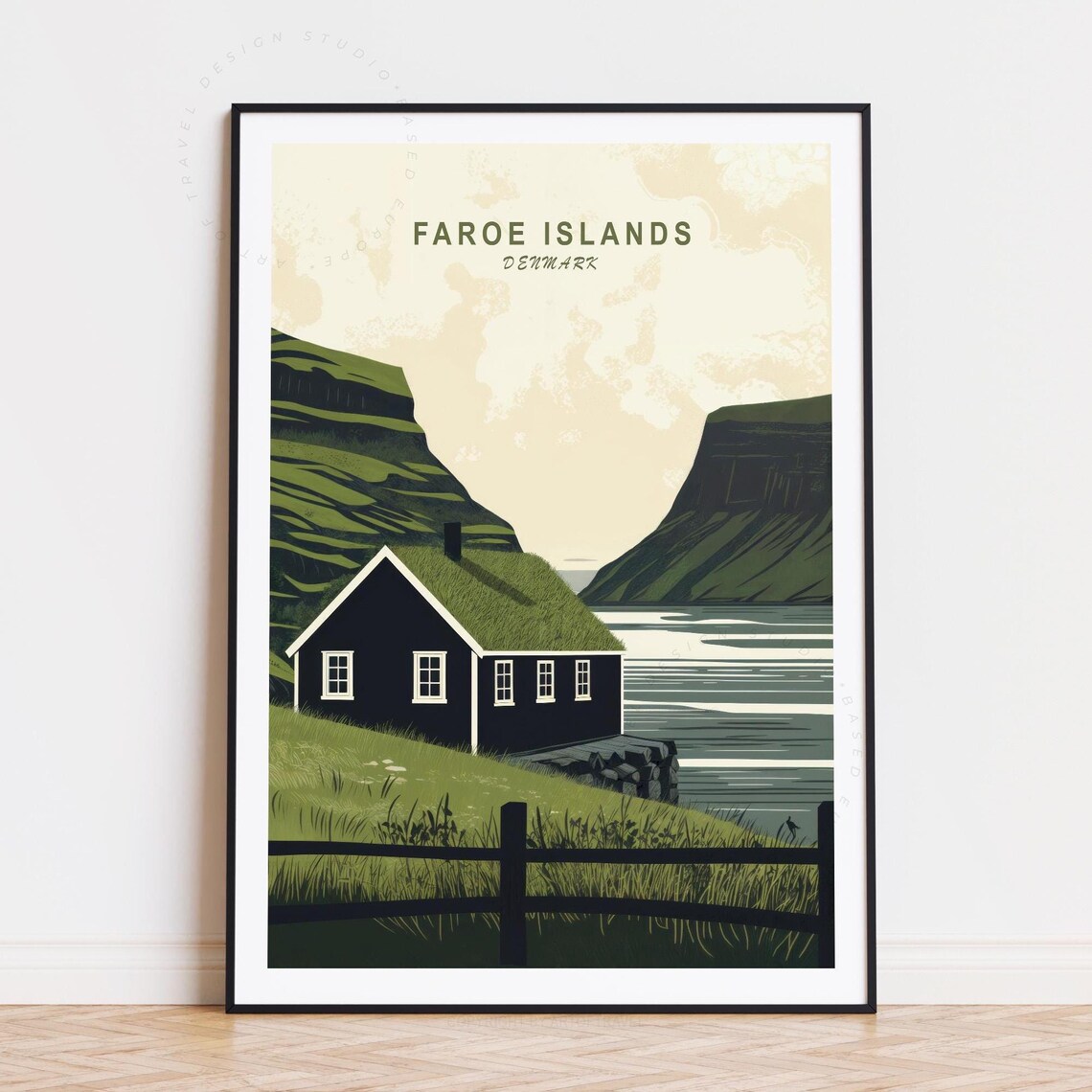 Faroe Islands Denmark Grass Roof Cottage Fjord Vintage Travel Poster