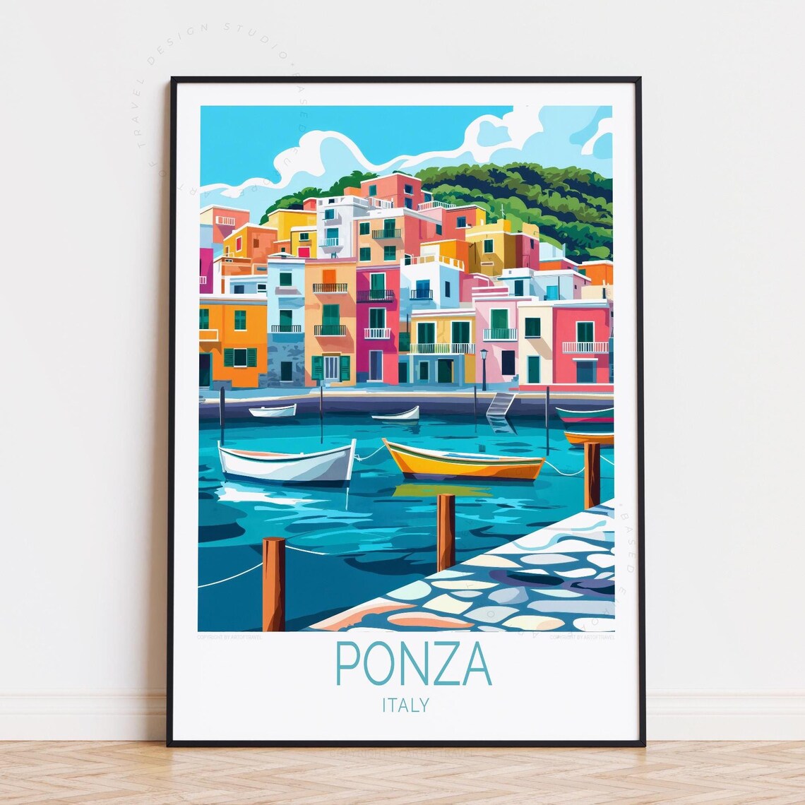 Ponza Italy Harbor Boats Along a Stone Quay and Houses Poster