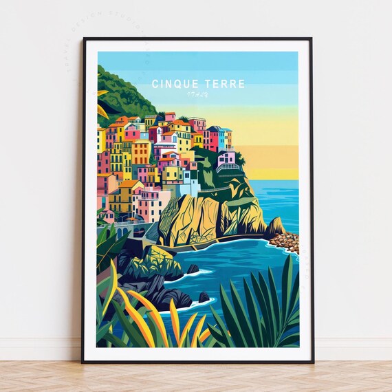 Cinque Terre Italy Colorful Cliff Village Seaside Vintage Travel Poster