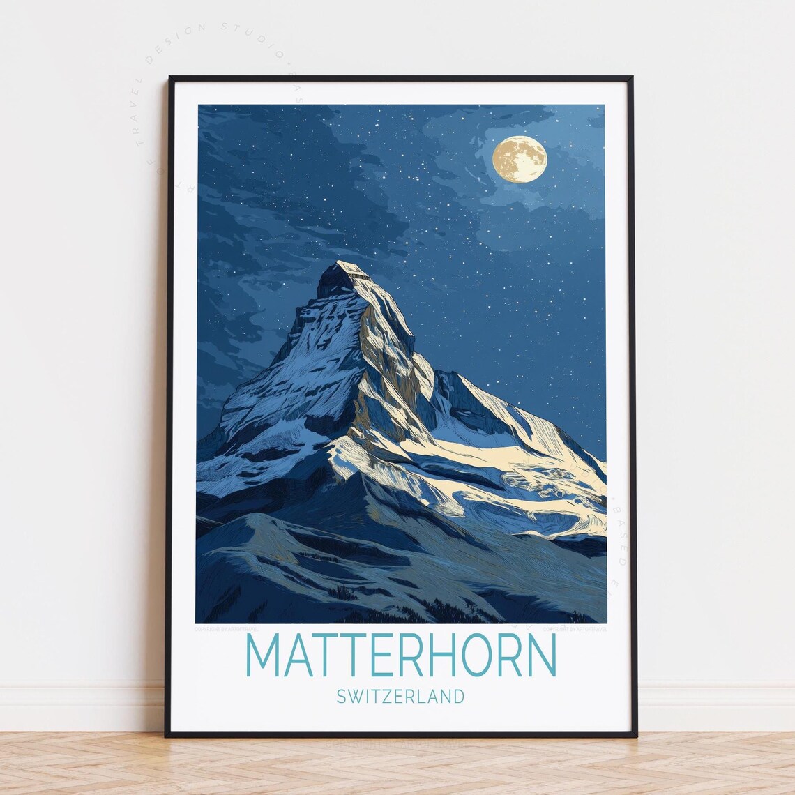 Matterhorn Switzerland Full Moon Over Night Snow Peak Travel Poster