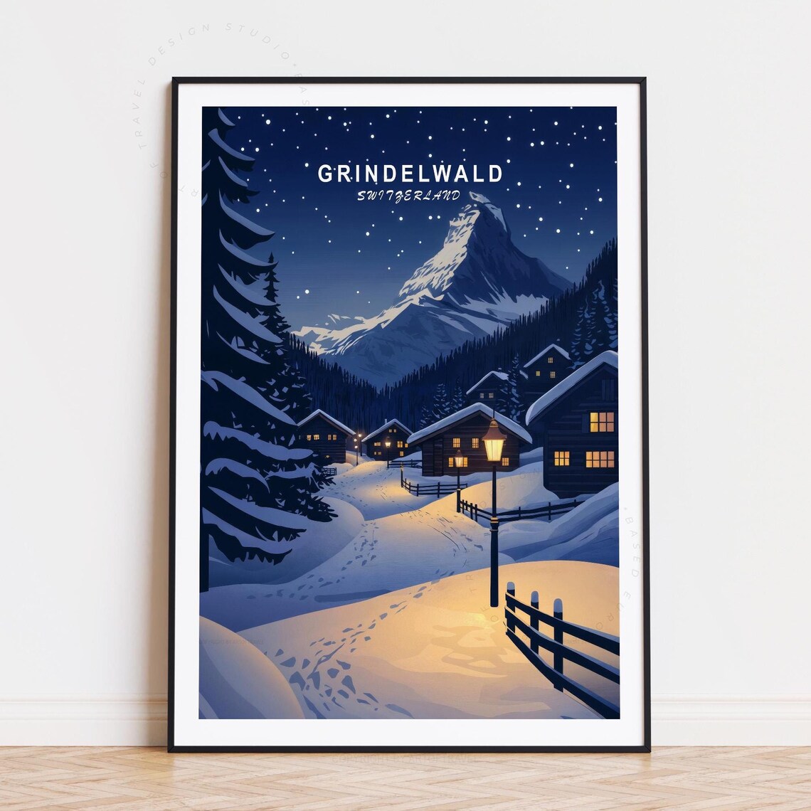Grindelwald Switzerland Snowy Night Village Mountain Travel Poster