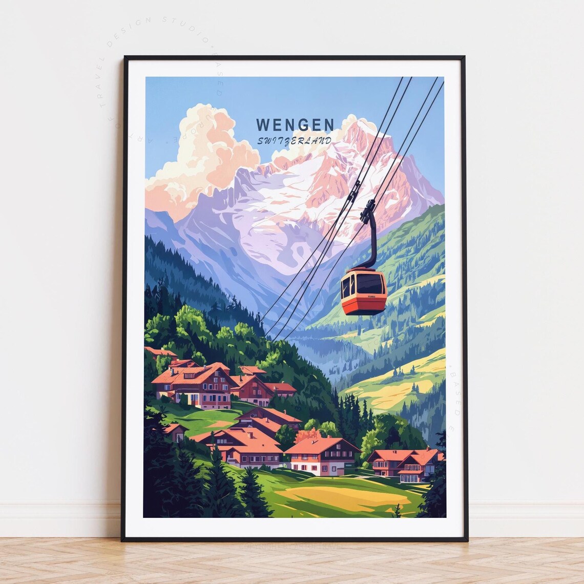 Wengen Switzerland Cable Car Alpine Village Snowy Peaks Travel Poster
