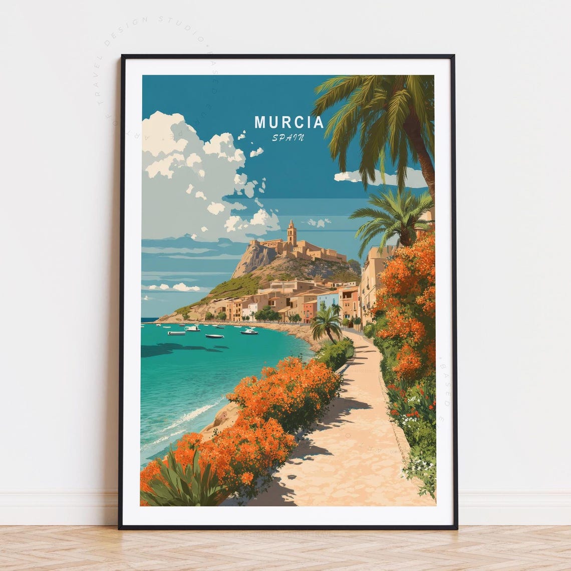 Murcia Spain Old Town Hill Flowers Beach Path Coast View Travel Poster