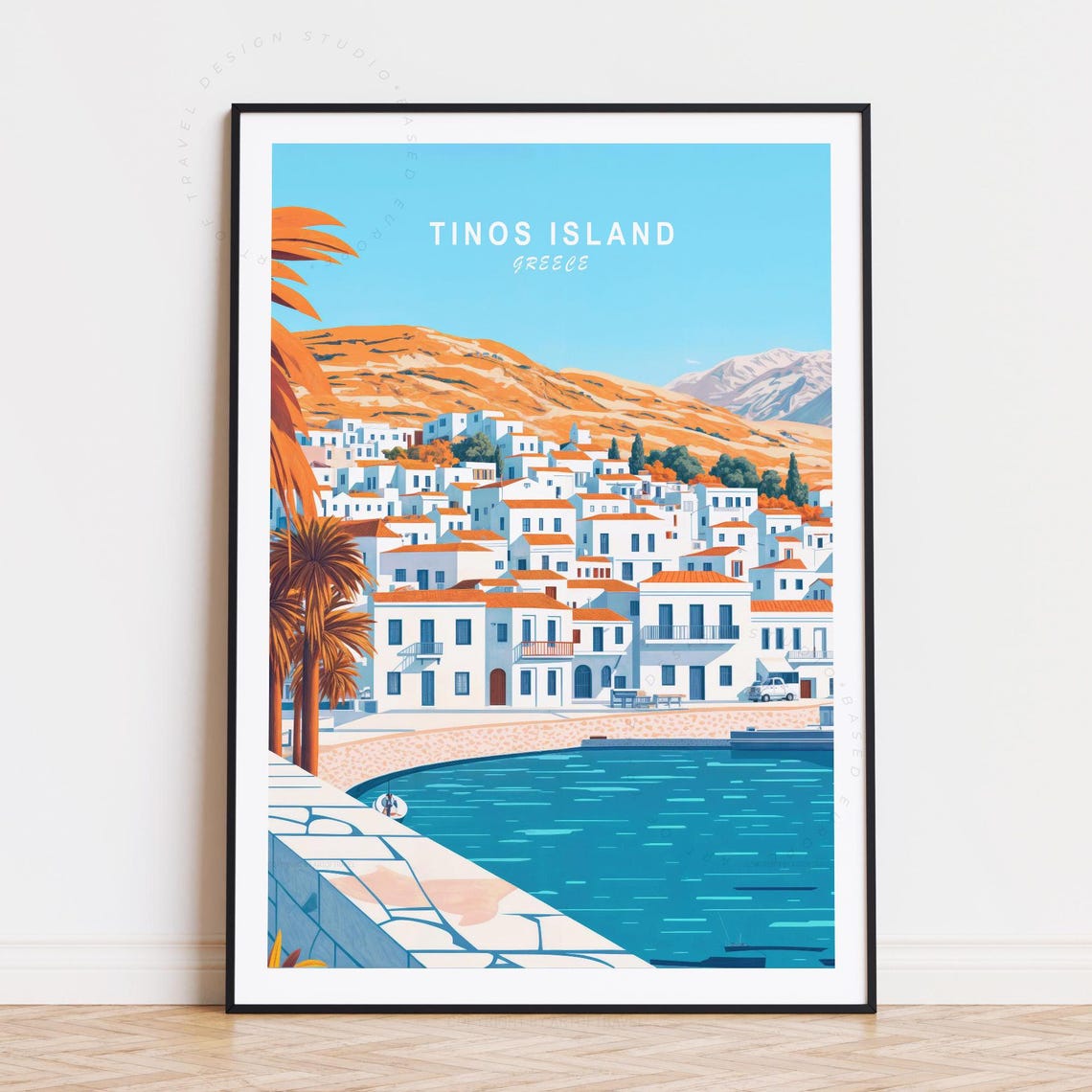 Tinos Island Greece Whitewashed Village Harbor Retro Travel Poster