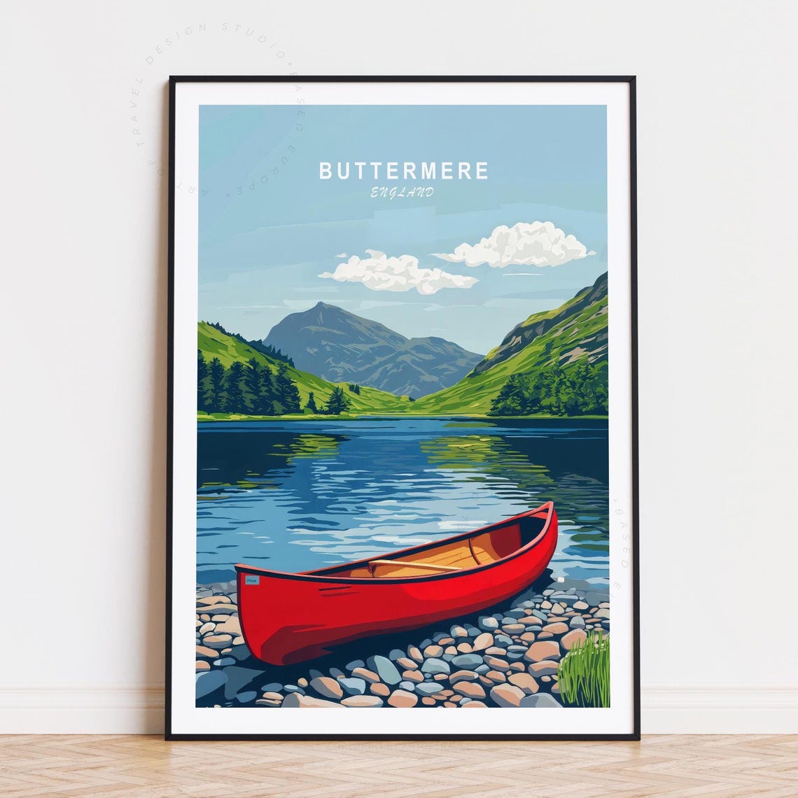 Buttermere England Red Canoe Lakeside Mountain Shore Scene Poster