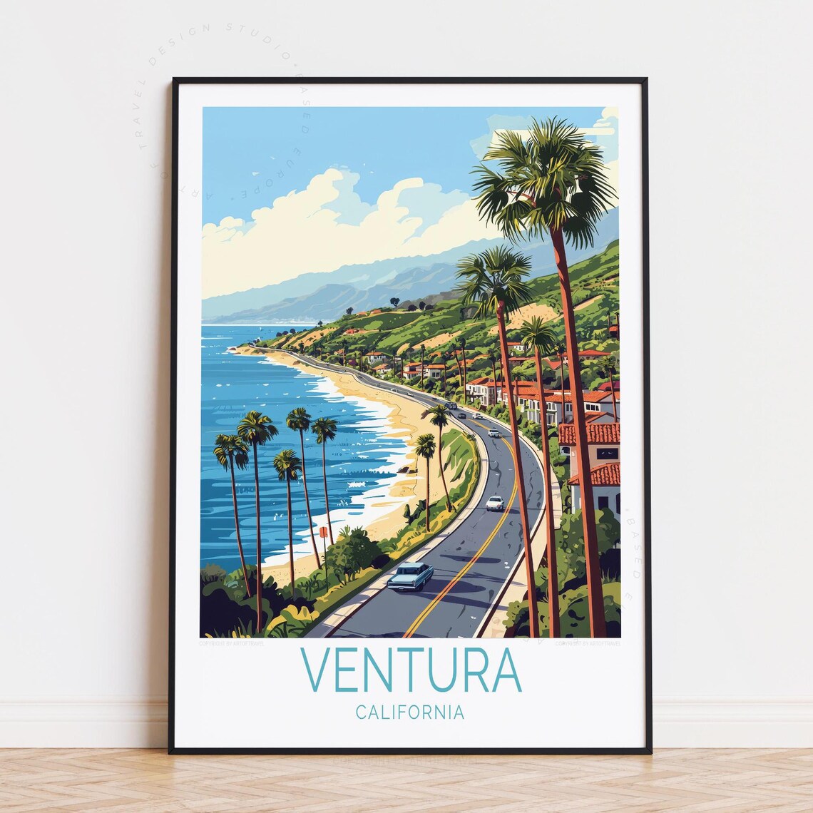 Ventura California Scenic Coastal Highway with Palms and Beach Poster